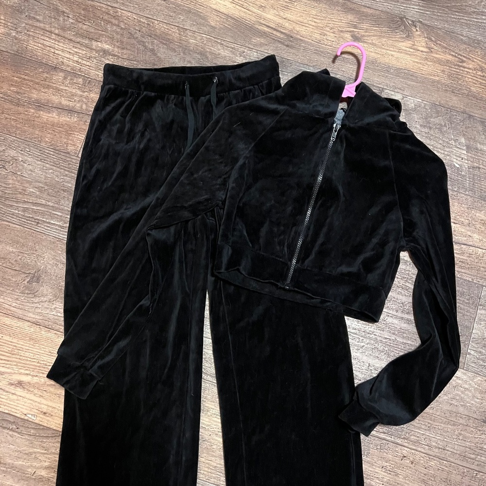 Black Velour Track Suit Set- Zipper Hoodie Jacket & Sweat Pants